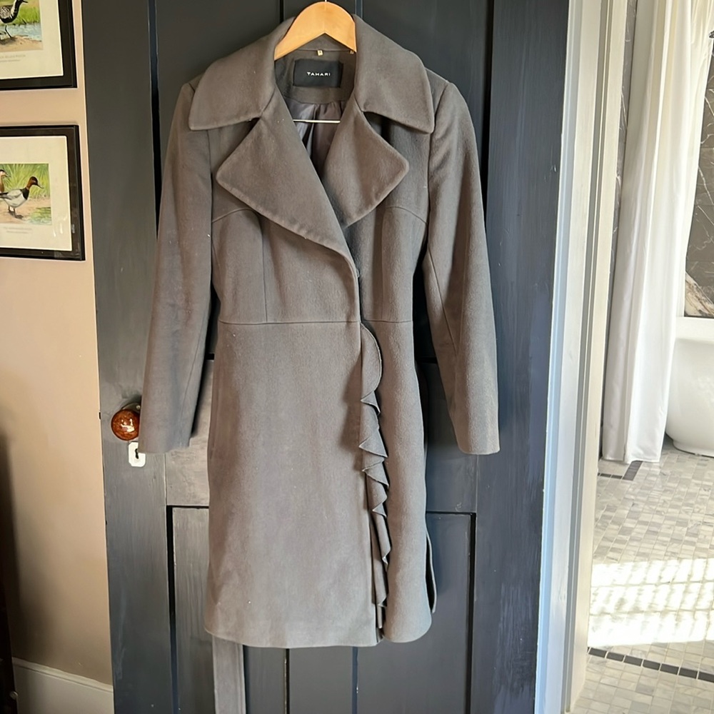 Tahari wool coat with ruffle detail